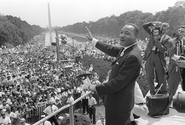 Reverend Martin Luther King, Jr. waves to supporters on the Mall in Washington, D.C. during the "March on Washington," on August 28, 1963. King said the march was "the greatest demonstration of freedom in the history of the United States."