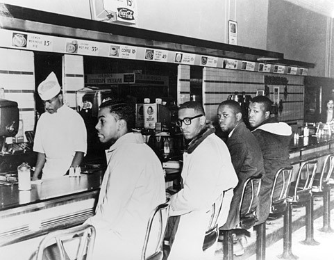 In February 1960, college students (from left) Joseph McNeil, Franklin McCain, Billy Smith and Clarence Henderson began a sit in protest at the whites-only lunch counter at a Woolworth's in Greensboro, N.C