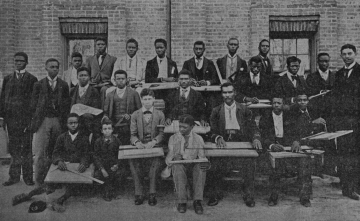 Class in mechanical drawing, Tuskegee Institute, ca. 1897 Taylor is at right. Source: Southern Letter 14 (Feb. 1897):
